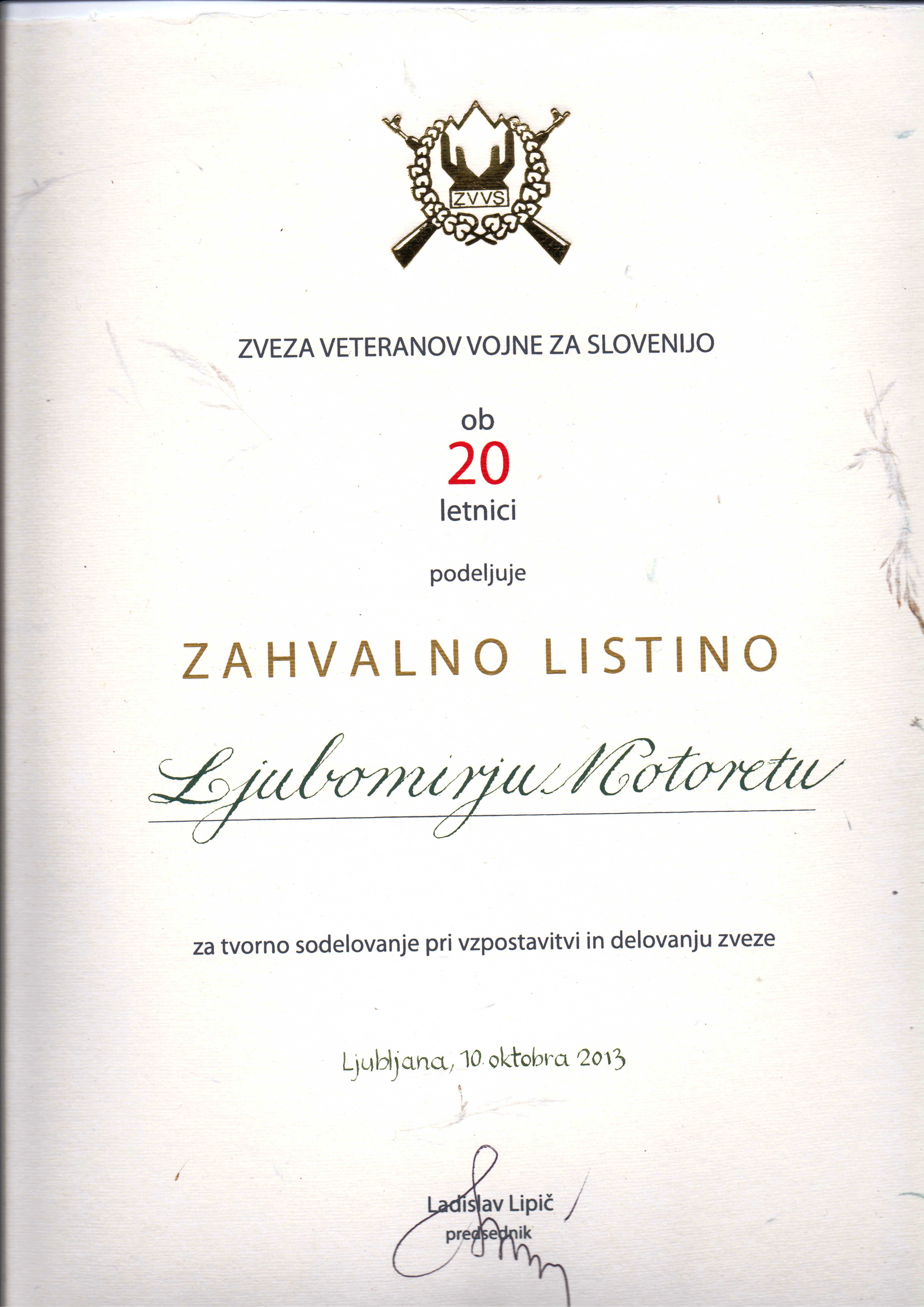 zahvalna listina motore